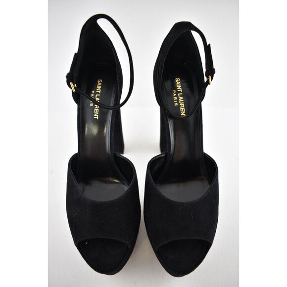 Saint Laurent Jodie Black Suede Platform Ankle Strap Sandal Block Heel Pump 42 - Picture 7 of 12